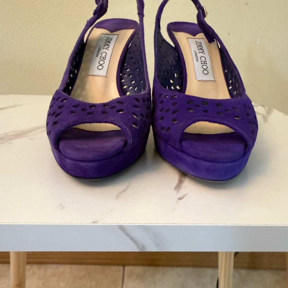 Jimmy Choo Nova Purple Suede Lazer Cut Heels, Size 37 (7 US,) EUC - Picture 5 of 10